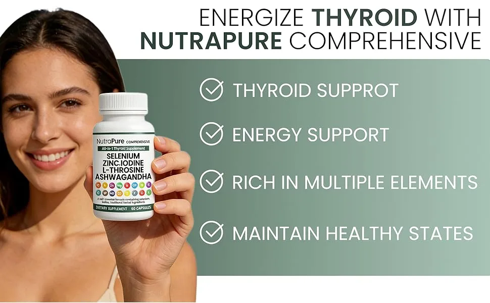 NutraPure Thyroid Support - Thyroid Support for Women & Men | Selenium Iodine L Tyrosine Ashwagandha Bladderwrack Turmeric Kelp Schisandra Zinc - 60 Capsules (1 Bottle) - NutraPure Thyroid Support