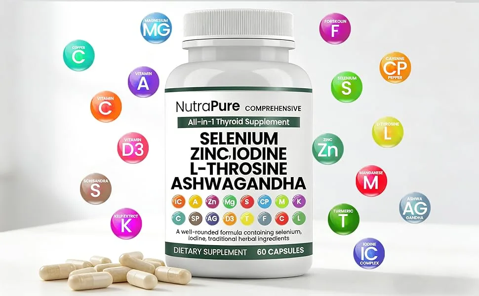 NutraPure Thyroid Support - Thyroid Support for Women & Men | Selenium Iodine L Tyrosine Ashwagandha Bladderwrack Turmeric Kelp Schisandra Zinc - 60 Capsules (1 Bottle) - NutraPure Thyroid Support