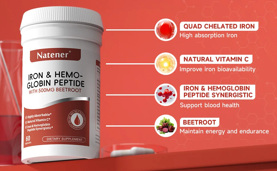 Natener 36mg Iron Supplement with 500mg Beetroot Quad Chelated Iron & Hemoglobin Peptide Synergistic - Enhanced Absorption without Gastrointestinal Side Effects* Support Anemia Hemoglobin* 60 caps - Chelated Iron