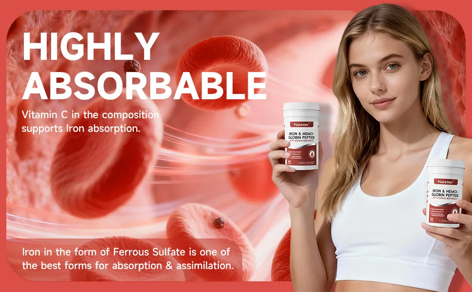 Natener 36mg Iron Supplement with 500mg Beetroot Quad Chelated Iron & Hemoglobin Peptide Synergistic - Enhanced Absorption without Gastrointestinal Side Effects* Support Anemia Hemoglobin* 60 caps - Enhanced Absorption