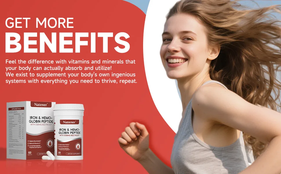 Natener 36mg Iron Supplement with 500mg Beetroot Quad Chelated Iron & Hemoglobin Peptide Synergistic - Enhanced Absorption without Gastrointestinal Side Effects* Support Anemia Hemoglobin* 60 caps - Support Anemia, Hemoglobin*
