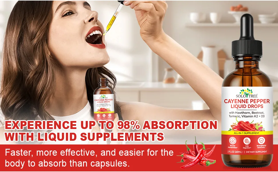 Cayenne Pepper Drops Supplement Liquid with Hawthorn Berry Vitamin D3 K2 Beet Root Powder Ceylon Cinnamon Turmeric Curcumin Gentle Formula Easily Absorbed 60ml - cayenne pepper drops supplement liquid