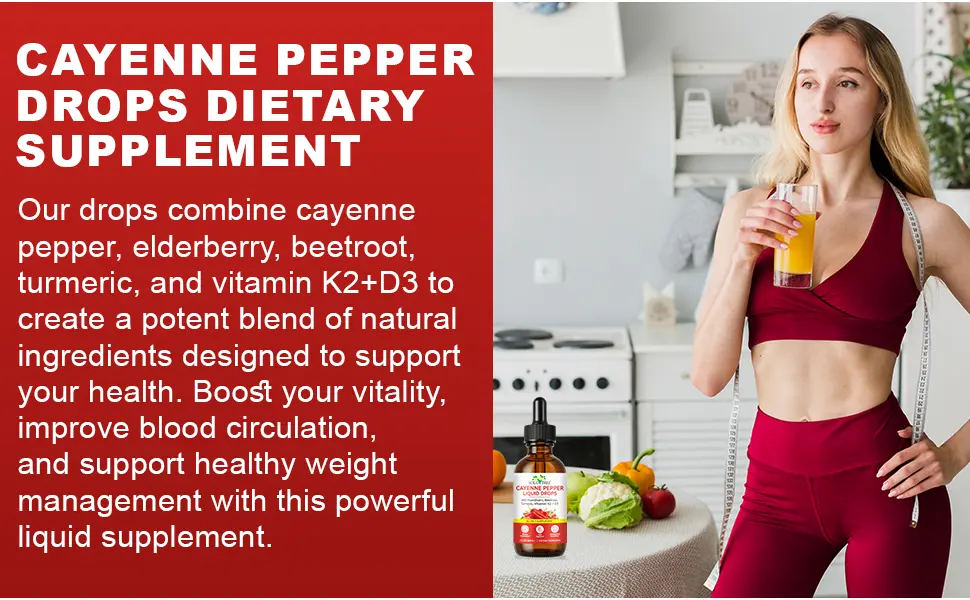 Cayenne Pepper Drops Supplement Liquid with Hawthorn Berry Vitamin D3 K2 Beet Root Powder Ceylon Cinnamon Turmeric Curcumin Gentle Formula Easily Absorbed 60ml - cayenne pepper supplement liquid drops