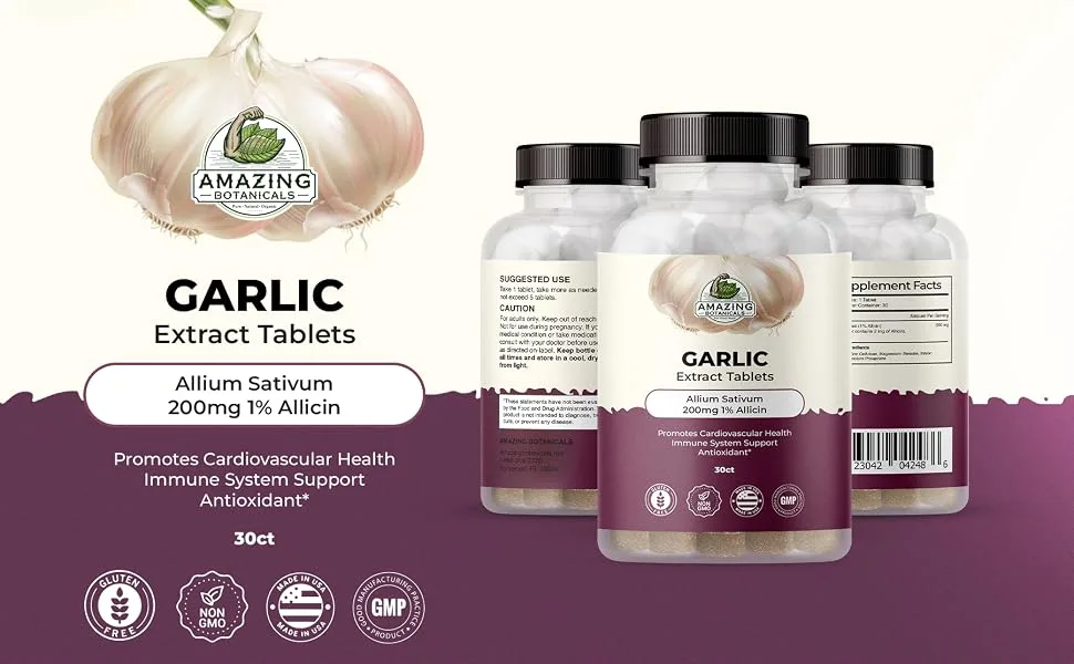 Amazing Botanicals Garlic Extract Tablets - Allium Sativum 200mg 1% Allicin - High Potency Herbal Supplement for Wellness and Vitality - 30 Count - garlic extract tablets
