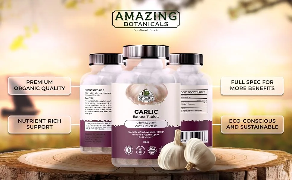 Amazing Botanicals Garlic Extract Tablets - Allium Sativum 200mg 1% Allicin - High Potency Herbal Supplement for Wellness and Vitality - 30 Count - garlic extract tablets