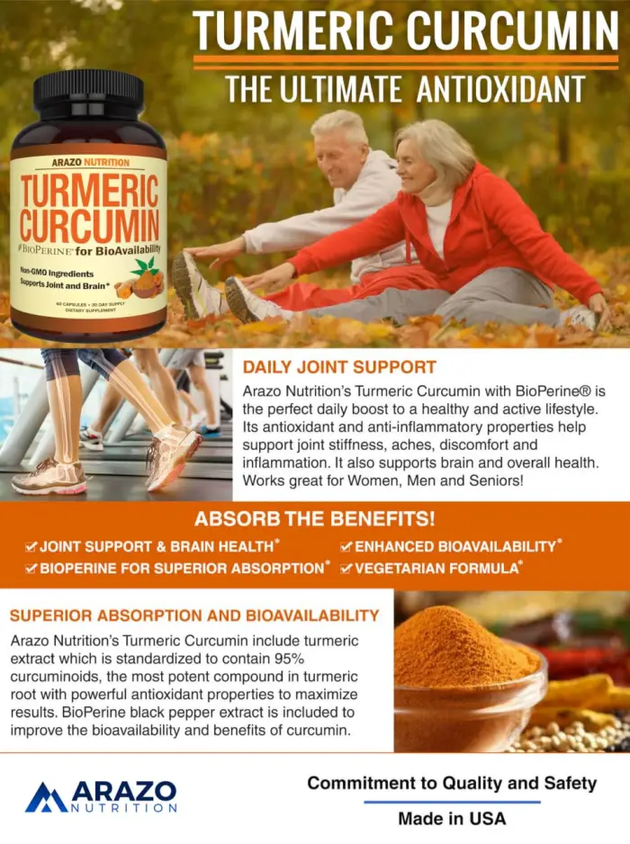 Arazo Nutrition Turmeric Curcumin with BioPerine 1300mg with Black Pepper - Joint Support Nutritional Supplements - 100% Herbal Tumeric Root Capsules - Turmeric A+