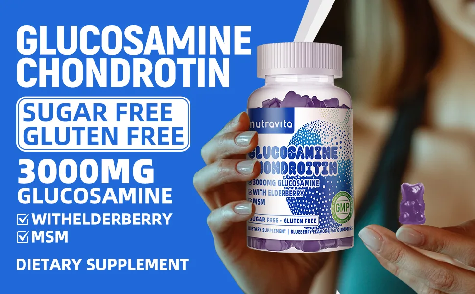 Nutravita Glucosamine Chondroitin Gummies with MSM & Elderberry Extra Strength - Joint Support Antioxidant Immune Support Supplement for Adults Men & Women.60 Blueberry Chews - Glucosamine Chondroitin Gummies