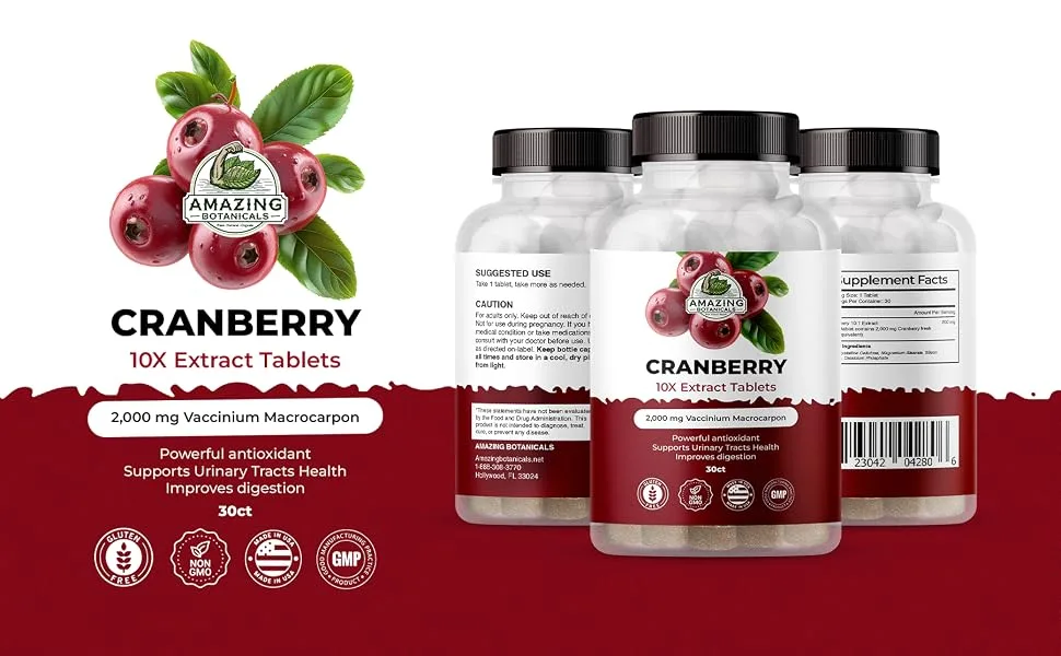 Amazing Botanicals Cranberry 10X Extract Tablets 2 000 mg 30ct - UTI Support Supplements for Women & Men - Highly Extract Formula with Vitamin C Vitamin E & Powerful Antioxidant for Immune Support - Cranberry Extract Tablets