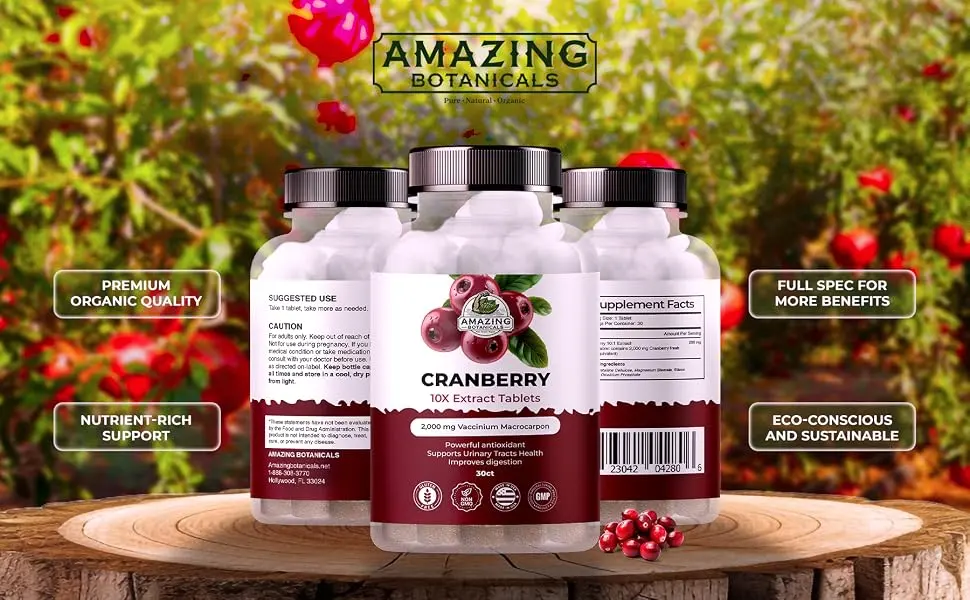 Amazing Botanicals Cranberry 10X Extract Tablets 2 000 mg 30ct - UTI Support Supplements for Women & Men - Highly Extract Formula with Vitamin C Vitamin E & Powerful Antioxidant for Immune Support - Cranberry Extract Tablets