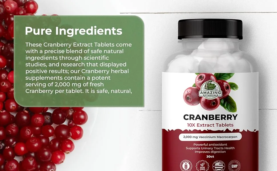 Amazing Botanicals Cranberry 10X Extract Tablets 2 000 mg 30ct - UTI Support Supplements for Women & Men - Highly Extract Formula with Vitamin C Vitamin E & Powerful Antioxidant for Immune Support - Cranberry Extract Tablets
