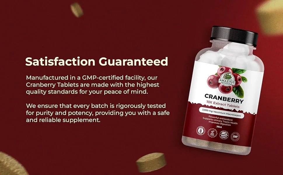 Amazing Botanicals Cranberry 10X Extract Tablets 2 000 mg 30ct - UTI Support Supplements for Women & Men - Highly Extract Formula with Vitamin C Vitamin E & Powerful Antioxidant for Immune Support - Cranberry Extract Tablets