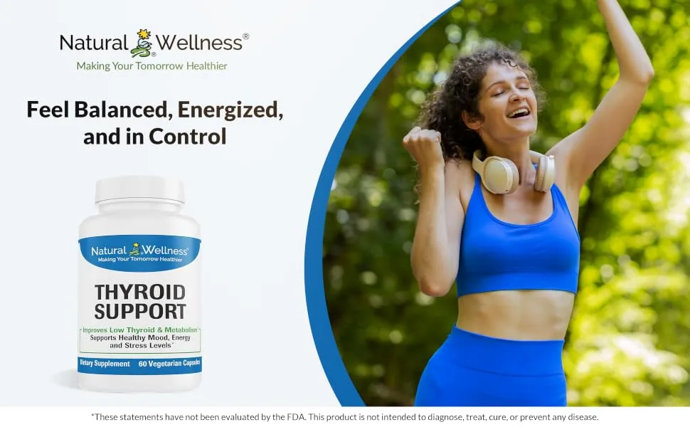 Natural Wellness Thyroid Support Iodine Selenium & L-Tyrosine Supplement for Healthy Thyroid Function Energy and Metabolism Thyroid Support for Women & Men 60 Vegetarian Capsules - Feel Balanced, Energied and in Control