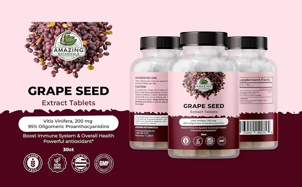 Amazing Botanicals Grape Seed Extract Tablets 30ct - 200mg Maximum Strength 95% Proanthocyanidins Standardized Extract - Immune System Booster - Antioxidants Supplement for Overall Health - Grape seed extract tablets
