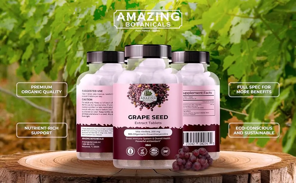 Amazing Botanicals Grape Seed Extract Tablets 30ct - 200mg Maximum Strength 95% Proanthocyanidins Standardized Extract - Immune System Booster - Antioxidants Supplement for Overall Health - Grape seed extract tablets