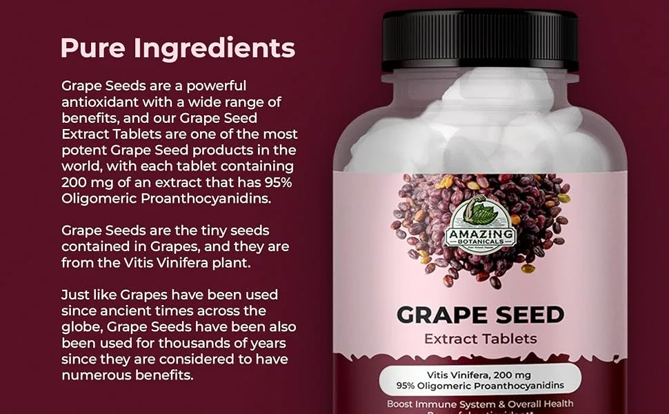 Amazing Botanicals Grape Seed Extract Tablets 30ct - 200mg Maximum Strength 95% Proanthocyanidins Standardized Extract - Immune System Booster - Antioxidants Supplement for Overall Health - Grape seed extract tablets