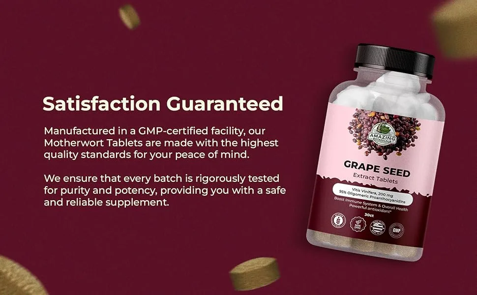 Amazing Botanicals Grape Seed Extract Tablets 30ct - 200mg Maximum Strength 95% Proanthocyanidins Standardized Extract - Immune System Booster - Antioxidants Supplement for Overall Health - Grape seed extract tablets