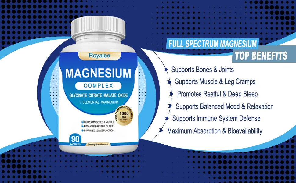 Magnesium Complex Supplement - 1000mg with 7 Magnesium Forms Including Glycinate Citrate Malate Taurate & Orotate - Supports Relaxation Muscle Function & Bone Strength - 90 Capsules 90 Count (Pack of 1) - FULL SPECTRUM MAGNESIUM TOP BENEFITS