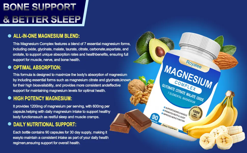 Magnesium Complex Supplement - 1000mg with 7 Magnesium Forms Including Glycinate Citrate Malate Taurate & Orotate - Supports Relaxation Muscle Function & Bone Strength - 90 Capsules 90 Count (Pack of 1) - Magnesium Complex Supplement