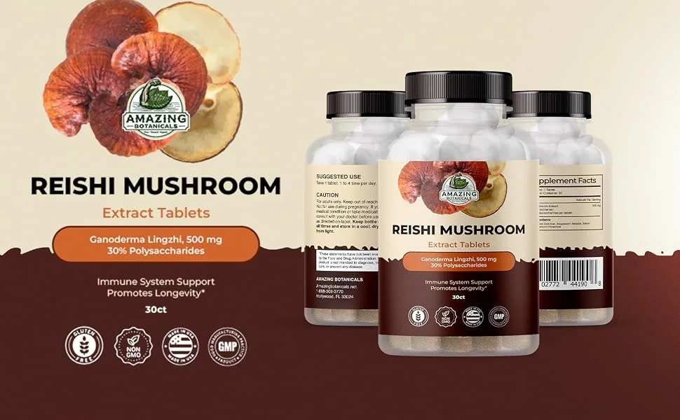 Reishi Mushroom 500mg Extract Tablets - 30% Polysaccharides - Natural Mushroom Complex for Overall Wellbeing and Immune System Support - 30 Count - reishi mushroom extract tablets