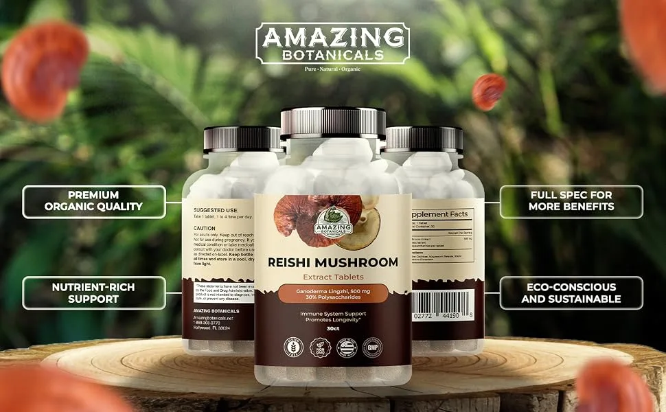 Reishi Mushroom 500mg Extract Tablets - 30% Polysaccharides - Natural Mushroom Complex for Overall Wellbeing and Immune System Support - 30 Count - reishi mushroom extract tablets