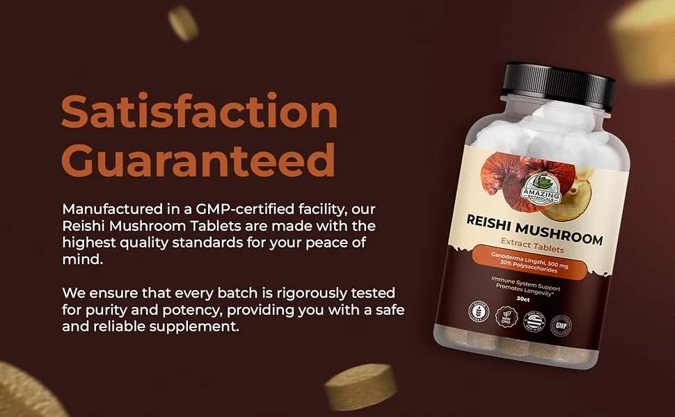 Reishi Mushroom 500mg Extract Tablets - 30% Polysaccharides - Natural Mushroom Complex for Overall Wellbeing and Immune System Support - 30 Count - reishi mushroom extract tablets