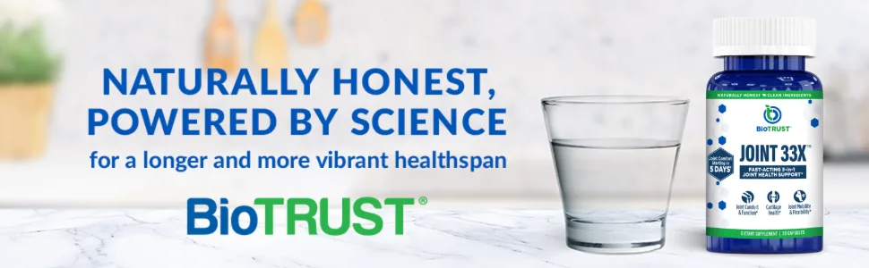 BioTrust Joint 33X Advanced 3-in-1 Joint Support Supplement - Healthy Flexibility Mobility Relief & Comfort - Boswellia Serrata Type II Collagen Hyaluronic Acid - 30 Capsules  - BioTrust Joint 33X