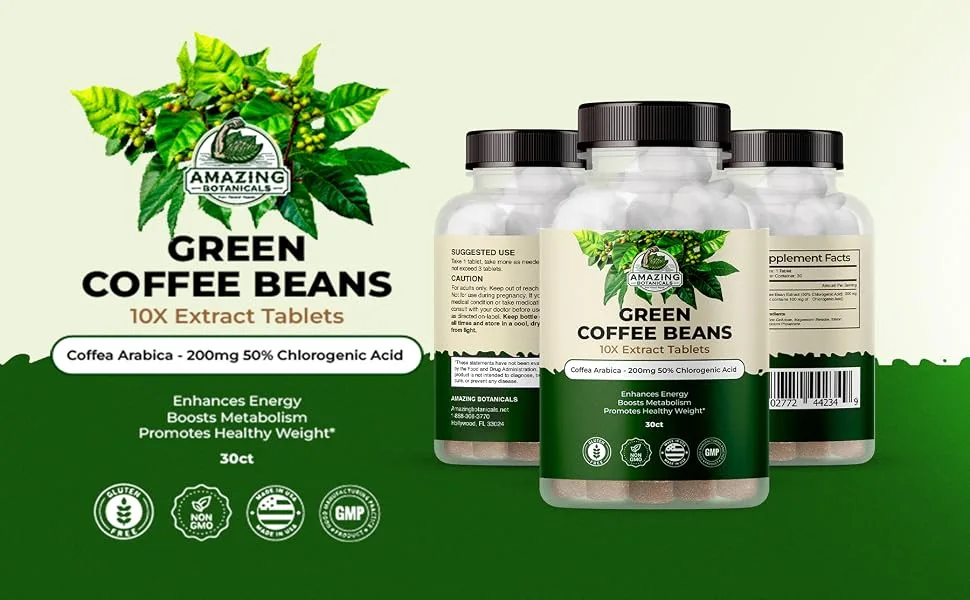 Amazing Botanicals Green Coffee Bean Extract Tablets - Coffea Arabica - 200mg 50% Chlorogenic Acid - 30 Count - green coffee bean extract tablets