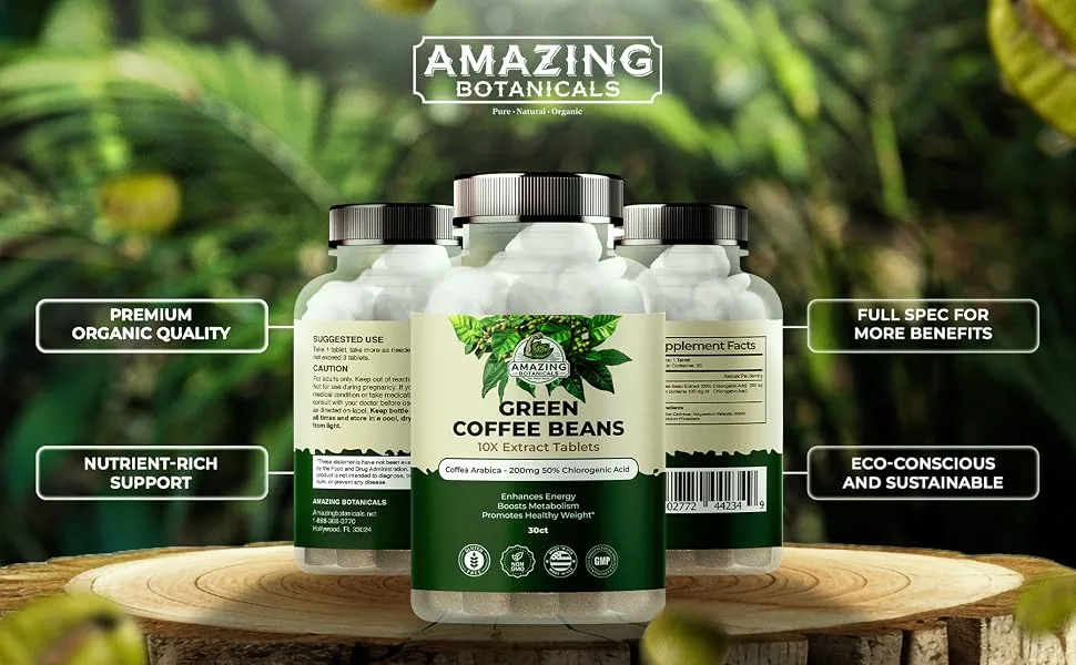 Amazing Botanicals Green Coffee Bean Extract Tablets - Coffea Arabica - 200mg 50% Chlorogenic Acid - 30 Count - green coffee bean extract tablets
