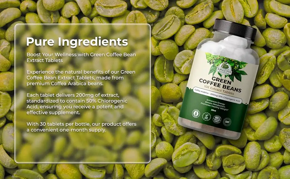 Amazing Botanicals Green Coffee Bean Extract Tablets - Coffea Arabica - 200mg 50% Chlorogenic Acid - 30 Count - green coffee bean extract tablets