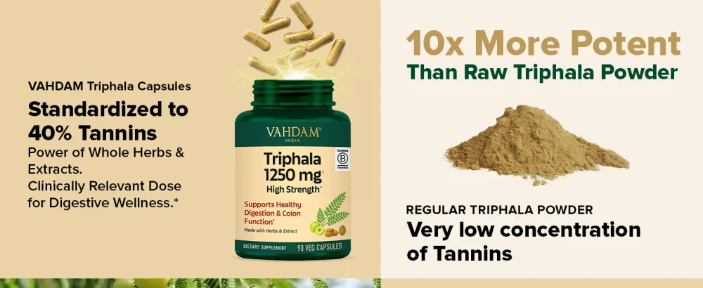 VAHDAM Triphala Capsules 1250 mg - High Strength Supplement with Amla Bibhitaki Haritaki Extract | Supports Healthy Digestion & Colon Function | 90 Capsules - product information 2