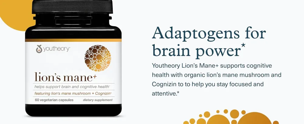 Youtheory Lion's Mane Plus - Mushroom Supplement with Cognizin - Offers Focus & Brain Support* - 60 Vegetarian Capsules 60 Count (Pack of 1) - product information 2