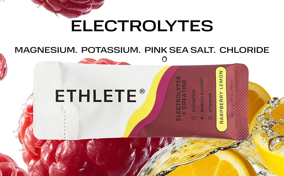 Ethlete Electrolytes + Vitamins + Creatine Powder 3-Pack Bundle Variety Bundle (3-Flavors) 5g Creatine Monohydrate with Electrolytes Vitamins B6 B12 & C (Raspberry Lemon) - Electrolytes with Magnesium, Potassium, Pink Sea Salt, Chloride