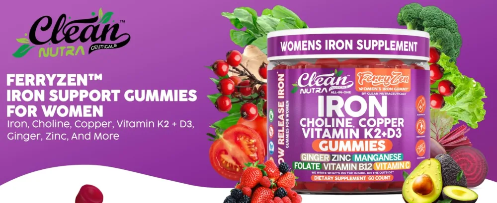 FerryZen Iron Supplement Gummies Choline Supplements Vitamin D3 K2 Ginger Folate Vitamin B12 Zinc 60 Gummies Hemoglobin Support by Clean Nutra - FerryZen Gummies