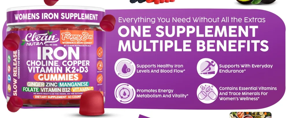 FerryZen Iron Supplement Gummies Choline Supplements Vitamin D3 K2 Ginger Folate Vitamin B12 Zinc 60 Gummies Hemoglobin Support by Clean Nutra - FerryZen Gummies