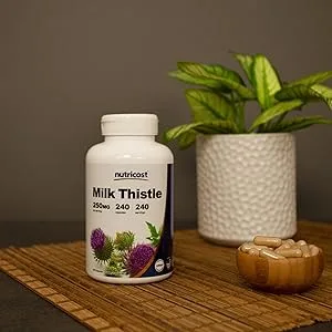 Nutricost Milk Thistle Capsules 300mg 120 Capsules (80% Silymarin) - Gluten-Free & Non-GMO - milk thistle supplement bottle and capsules