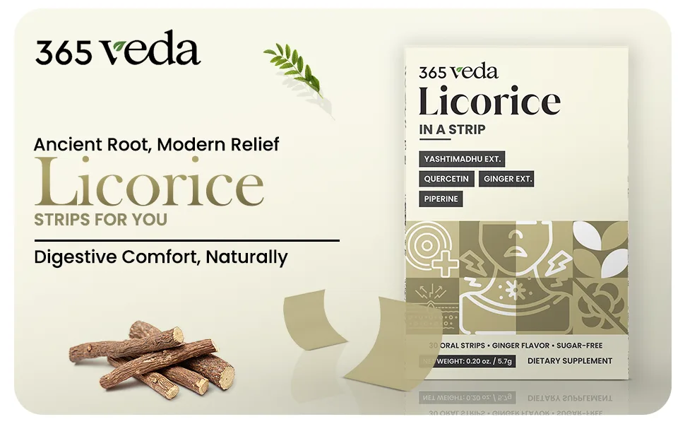 365veda Licorice (Yashtimadhu) Oral Strips | Quercetin & Ginger Extract | Traditional Ayurvedic Formula | Natural & Refreshing | 30 Count - aplus content image