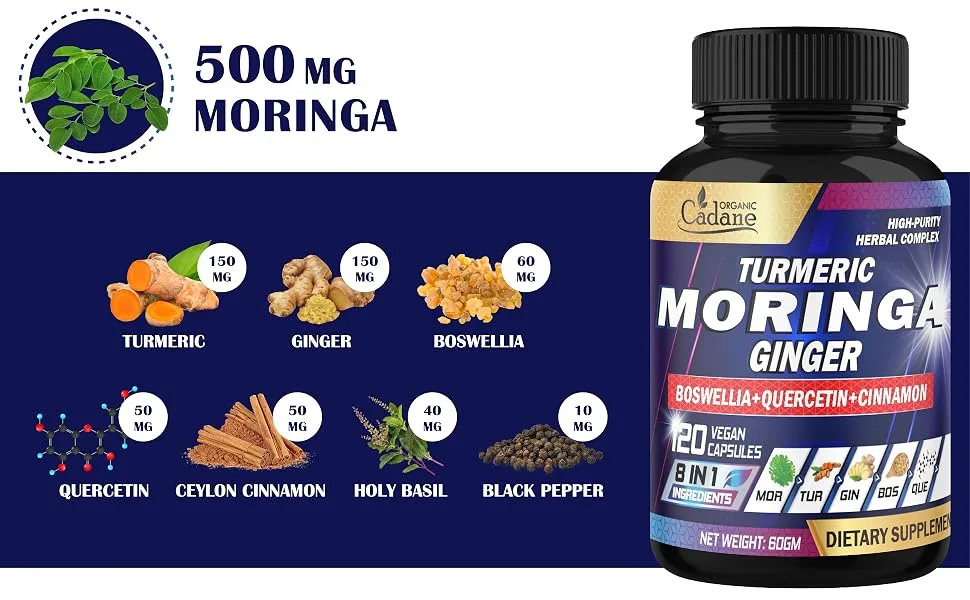 Organic Cadane Moringa Leaf Turmeric Ginger Supplement - 2-Month Supply - 120 Vegan Capsules - 42. CADANE - MORINGA TURMERIC GINGER - 120CAPS