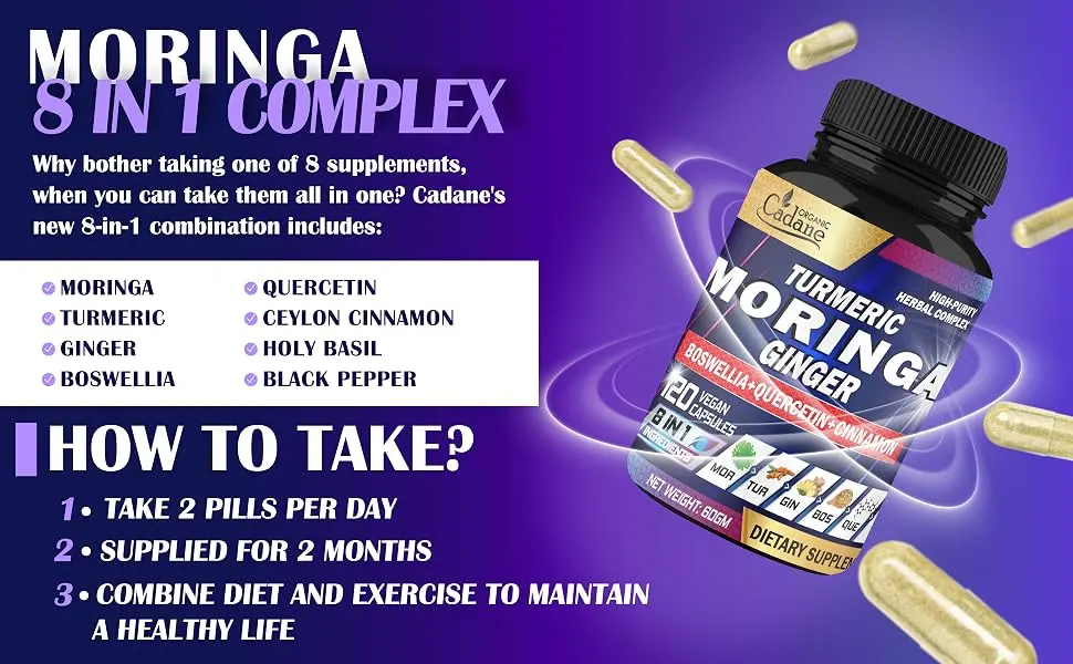 Organic Cadane Moringa Leaf Turmeric Ginger Supplement - 2-Month Supply - 120 Vegan Capsules - 42. CADANE - MORINGA TURMERIC GINGER - 120CAPS