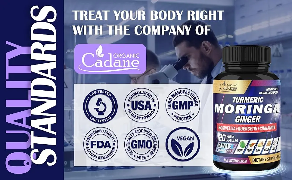 Organic Cadane Moringa Leaf Turmeric Ginger Supplement - 2-Month Supply - 120 Vegan Capsules - 42. CADANE - MORINGA TURMERIC GINGER - 120CAPS