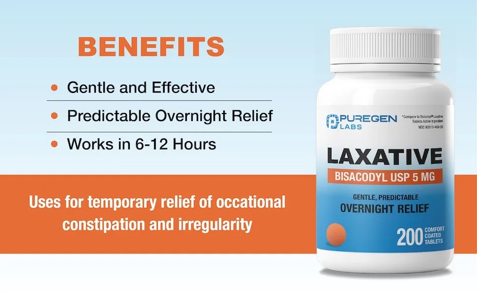 Puregen Labs Bisacodyl 5mg Tablet | 200 Count | Stimulant Laxative Gentle and Fast Overnight Relief for Constipation 1 - Bisacodyl 5 mg