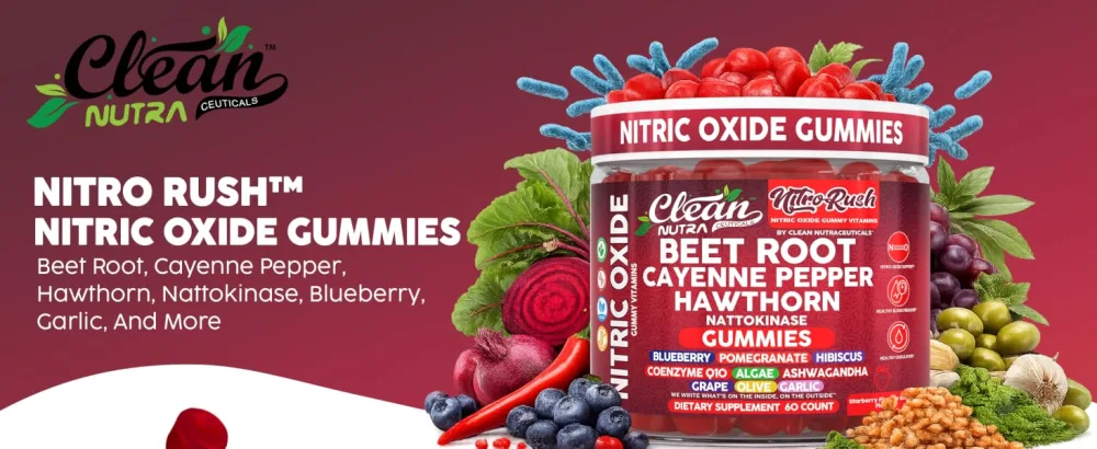 Nitro Rush Nitric Oxide Gummies Beet Root Cayenne Pepper Pomegranate Vitamin C Hawthorn Nattokinase Blueberry Hibiscus Coenzyme Q10 Algae Ashwagandha Root Grape Olive Garlic 60 Count by Clean Nutra - Nitro Rush Gummies