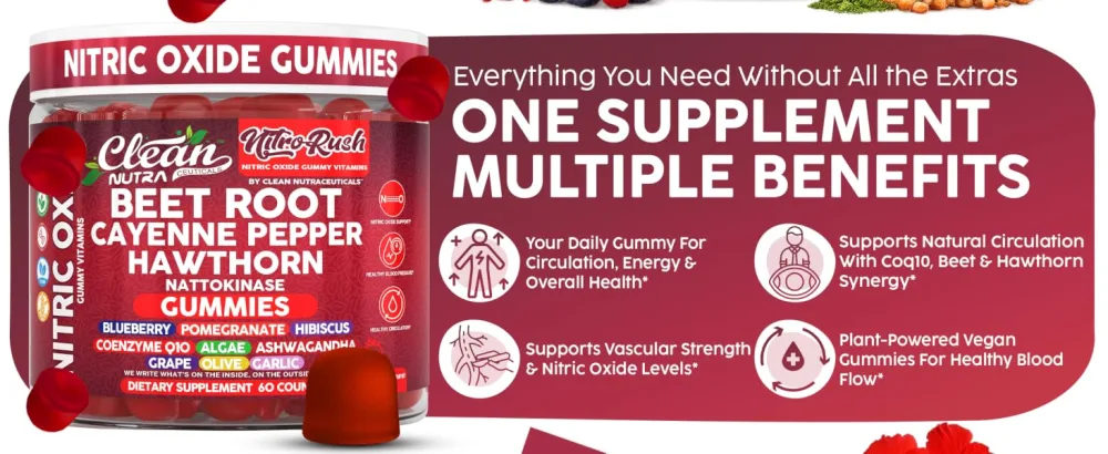 Nitro Rush Nitric Oxide Gummies Beet Root Cayenne Pepper Pomegranate Vitamin C Hawthorn Nattokinase Blueberry Hibiscus Coenzyme Q10 Algae Ashwagandha Root Grape Olive Garlic 60 Count by Clean Nutra - Nitro Rush Gummies