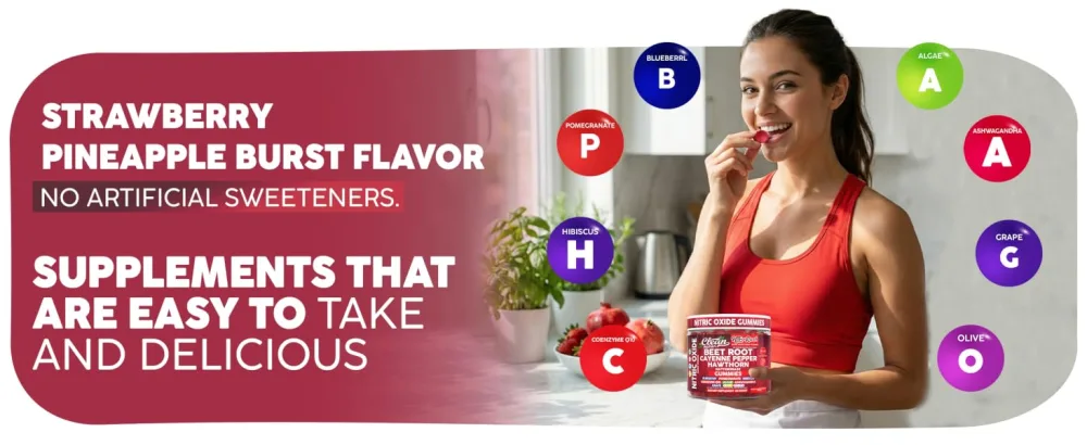 Nitro Rush Nitric Oxide Gummies Beet Root Cayenne Pepper Pomegranate Vitamin C Hawthorn Nattokinase Blueberry Hibiscus Coenzyme Q10 Algae Ashwagandha Root Grape Olive Garlic 60 Count by Clean Nutra - Nitro Rush Gummies