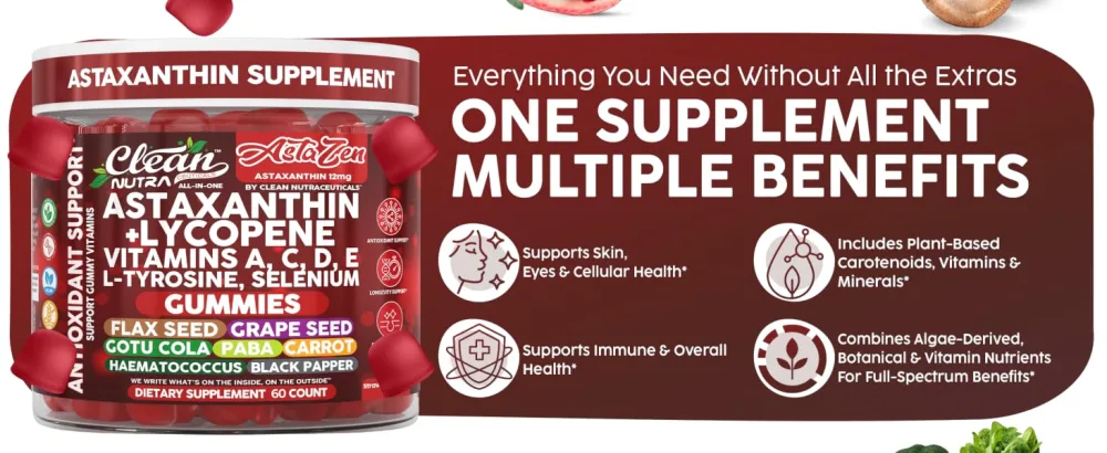 Clean Nutra AstaZen Astaxanthin Complex Gummies 12mg w/Lycopene Pure Vitamin A C D E L-Tyrosine Selenium Premium Berry Banana Eye Skin Immune Support Supplement 60 Count - AstaZen Gummies
