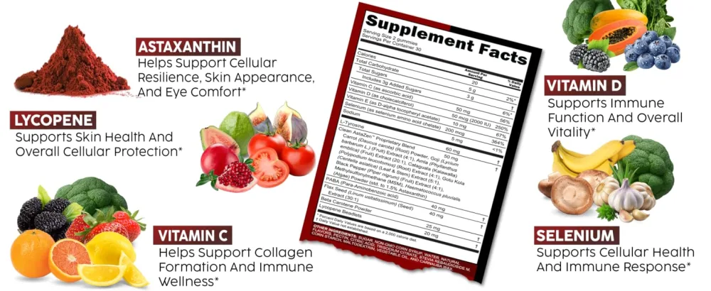 Clean Nutra AstaZen Astaxanthin Complex Gummies 12mg w/Lycopene Pure Vitamin A C D E L-Tyrosine Selenium Premium Berry Banana Eye Skin Immune Support Supplement 60 Count - AstaZen Gummies