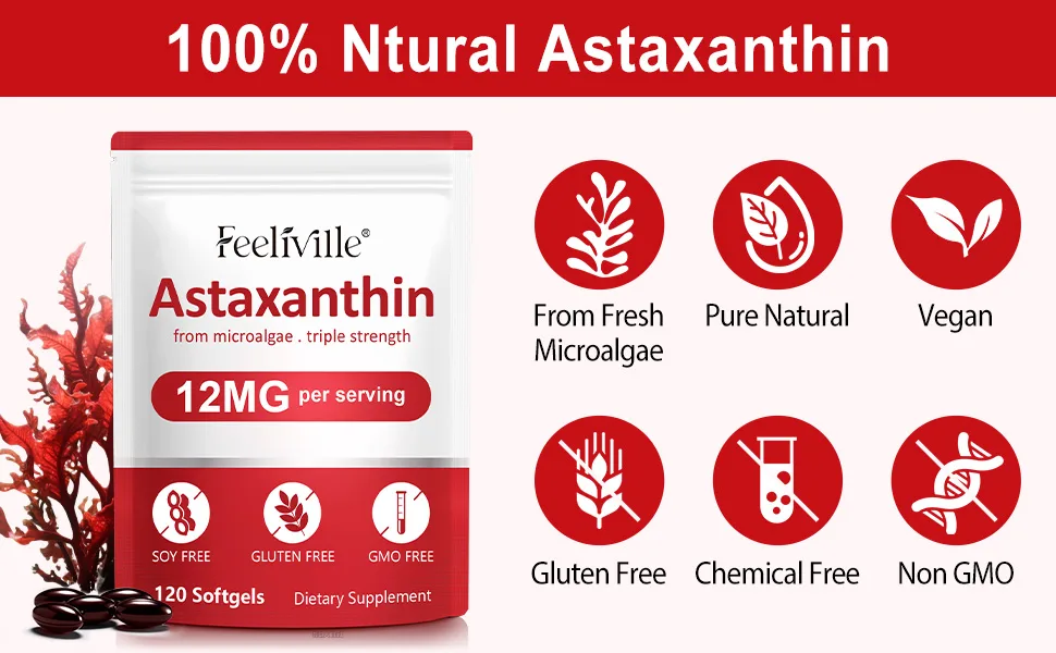 ABOUME Astaxanthin Supplements Astaxanthin 12mg Fresh Microalgae Source Supports Eye Immune Skin Health Internal Circulation | Non-GMO | No Gluten (2PCS) - product information 1