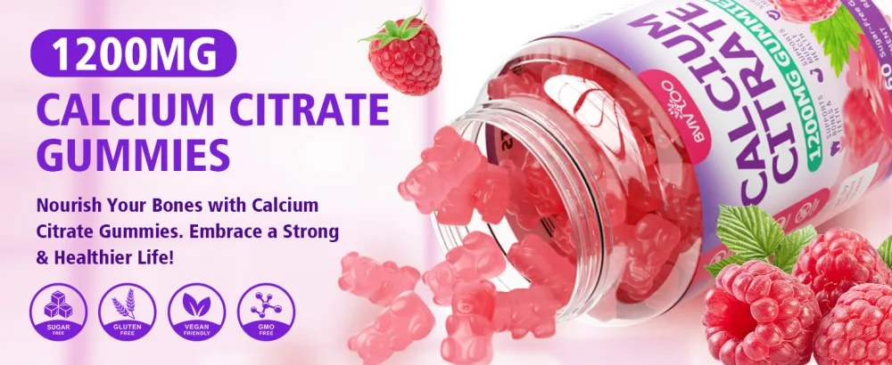 High Absorption Calcium Citrate Gummies 1200mg - Bone & Teeth Support for Adults & Kids Vegan Non-GMO Sugar-Free Gummies Raspberry Flavor 60 Count 1pack - Calcium Citrate Gummies