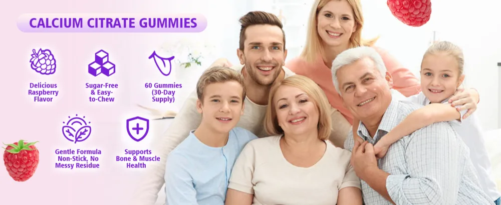 High Absorption Calcium Citrate Gummies 1200mg - Bone & Teeth Support for Adults & Kids Vegan Non-GMO Sugar-Free Gummies Raspberry Flavor 60 Count 1pack - Calcium Citrate Gummies