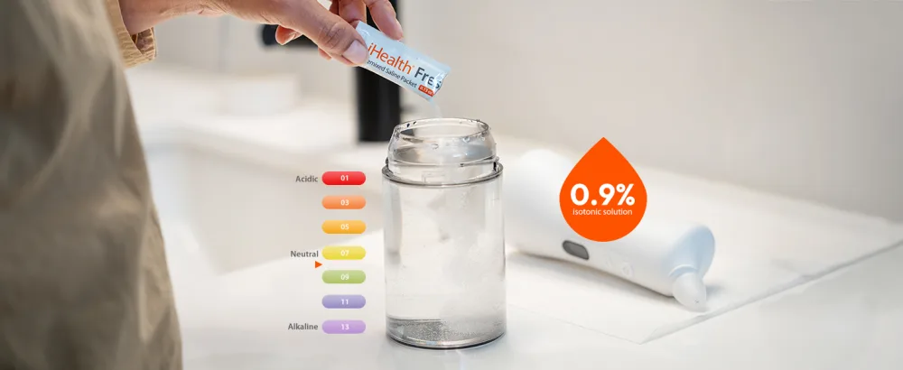 iHealth Fresh Premixed Saline Packet 90 Packets 0.9% Isotonic Saline Solution for Electric Nasal Irrigator - Non-Iodized Sinus Relief & Allergy Care - 0.9% Isotonic Saline Solution
