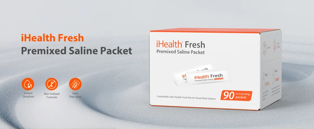 iHealth Fresh Premixed Saline Packet 90 Packets 0.9% Isotonic Saline Solution for Electric Nasal Irrigator - Non-Iodized Sinus Relief & Allergy Care - Fresh Premixed Saline Packet